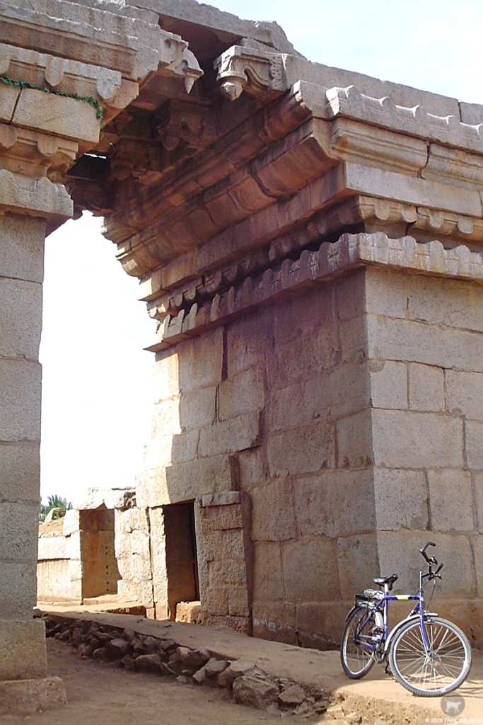 Bhima's Gateway at Hampi. Interesting for its military archetecture and the mythical images carved on the walls. Close by is the Ganigitti temple.
