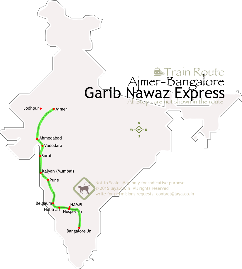 Ajmer Junction (AII)	- Marwar Junction (MJ)	- Falna (FA)	- Abu Road (ABR)	- Palanpur Junction (PNU)	- Mahesana Junction (MSH)	- Ahmedabad Junction (ADI)	- Nadiad Junction (ND)	- Anand Junction (ANND)	- Vadodara Junction (BRC)	- Surat (ST)	- Valsad (BL)	- Vapi (VAPI)- Vasai Road (BSR)	- Bhiwandi Road (BIRD)	- Kalyan Junction (KYN)	- Karjat (KJT)	- Lonavala (LNL)	- Pune Junction (PUNE)	- Satara (STR)	- Karad (KRD)	- Sangli (SLI)- Miraj Junction (MRJ)- Belgaum (BGM)	- Londa Junction (LD)	- Dharwar (DWR)	- Hubli Junction (UBL)	- Gadag Junction (GDG)	- Hospet Junction (HPT)	- Bellary Junction (BAY)	- Guntakal Junction (GTL)	- Anantapur (ATP)	- Dharmavaram Junction (DMM)	- Yesvantpur Junction (YPR)	- Bangalore City Junction (SBC)