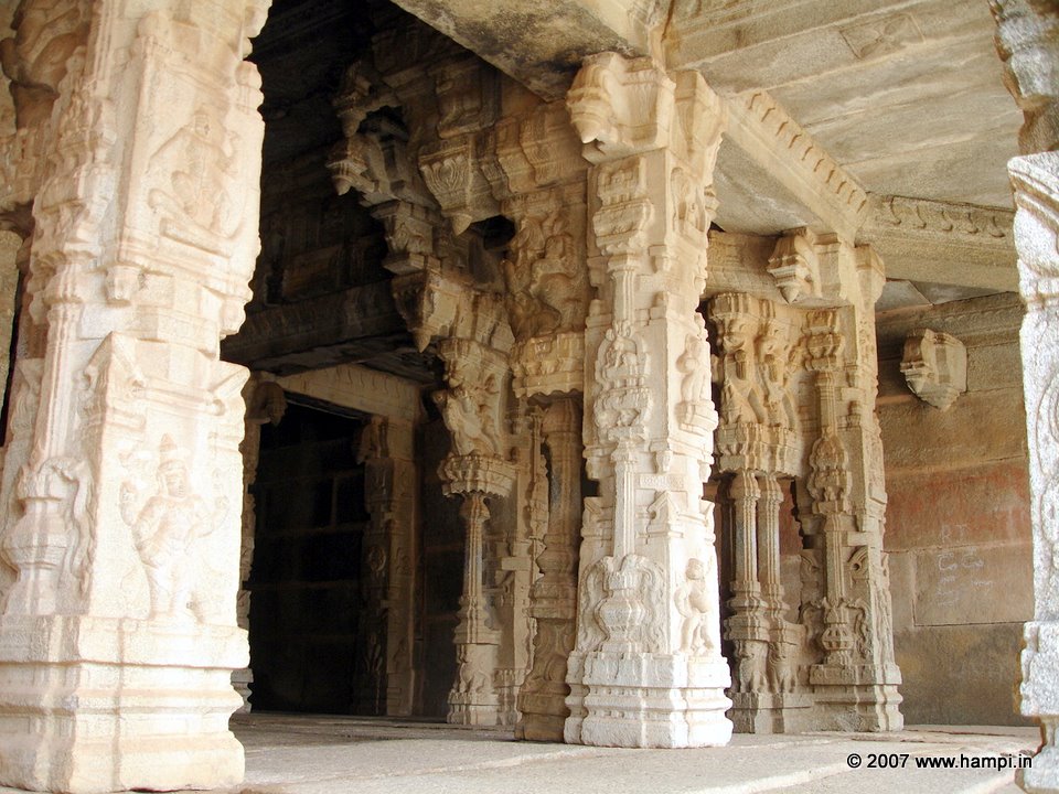 Richly carved composite pillars of vijayanagara period temple.