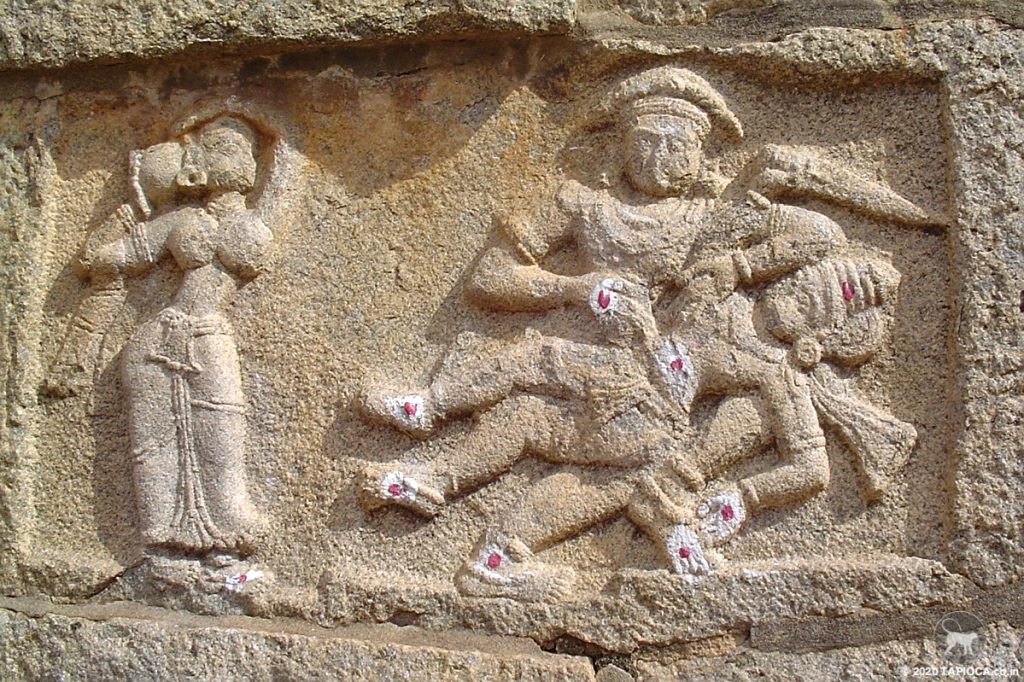 Left:Draupathi tying up her hair after Bhima slayed Duhsasana;  
Right : Bhima slays Keechaka. See the <a href=