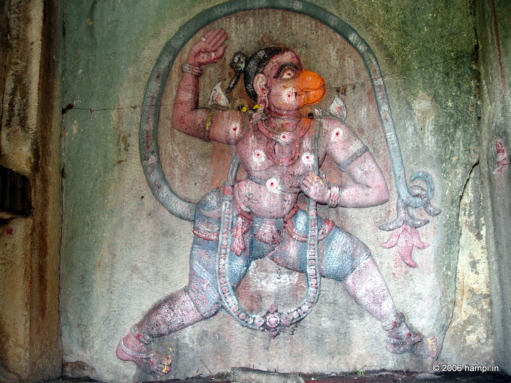 Hanuman as Anjaneya, note the lotus bud at the tip of his tail
