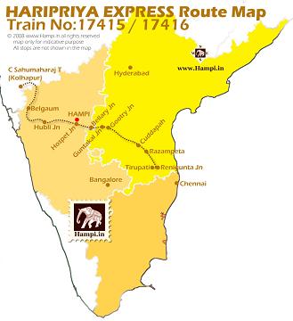 Haripriya Express connects Tirupati with Kolhapur. Try this train to travel from Chennai to Hampi