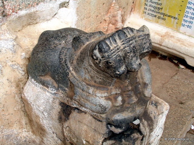 The triple headed Nandi inside Virupaksha Temple