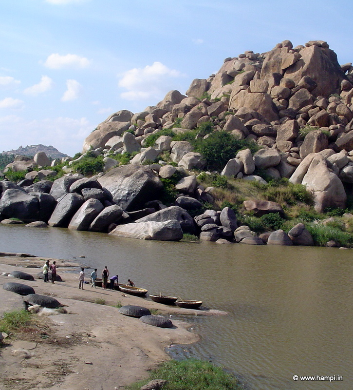 Coracle ferry in Hampi near Kodandarama Temple and the Riverside Ruins