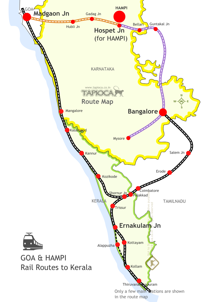 Bangalore and Madgaon Jn are good  connections stations for Hampi to Kerala cities