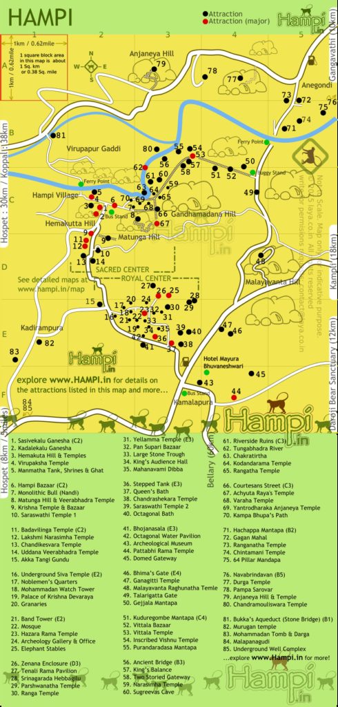 Map shows close to 100 monuments and attractions in Hampi