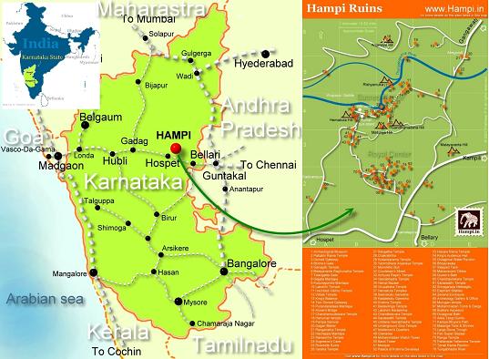 Hampi is located in Karnataka State in southern India. Hospet is the nearest major town to Hampi.  Mumbai to Hampi distance about 700km. Hampi is about 380km southwest of Hyderabad. Bangalore to Hampi is about 365km