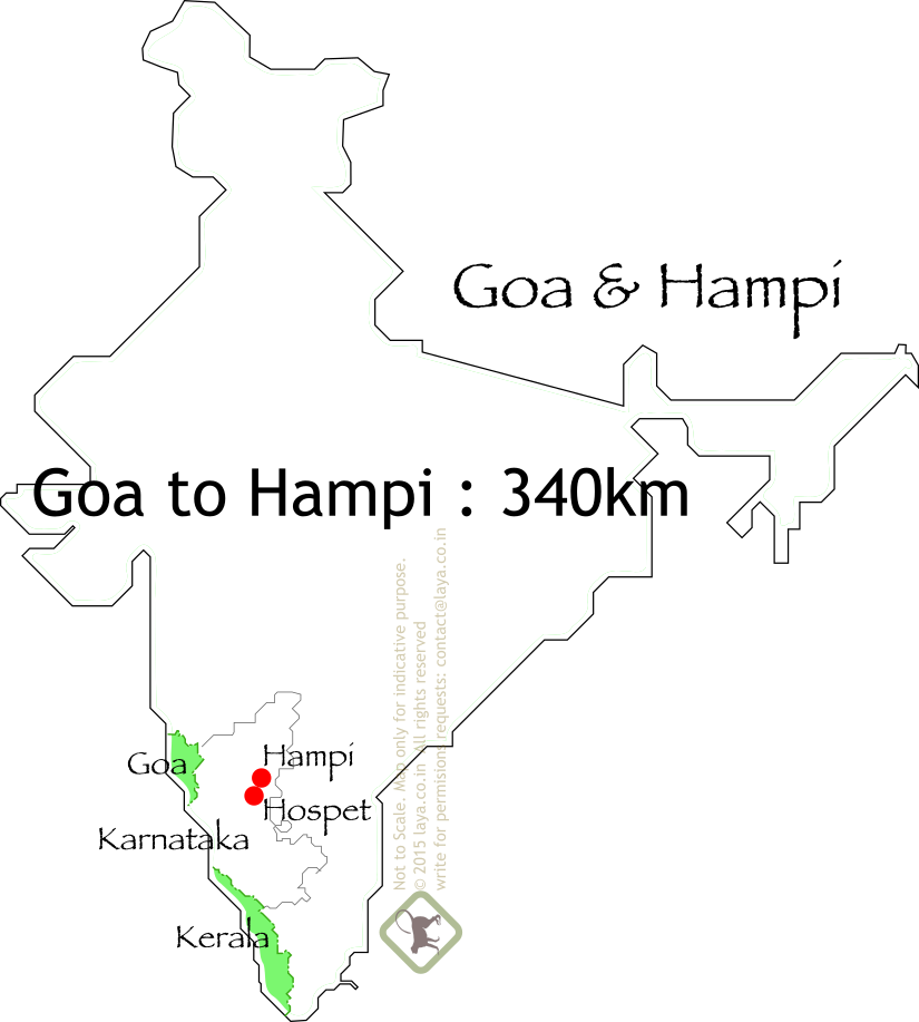 Goa to Hampi. Hampi is about 340 km (211 miles) east of Goa.