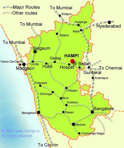 Railways map of Karnataka showing connectivity to Hampi. 