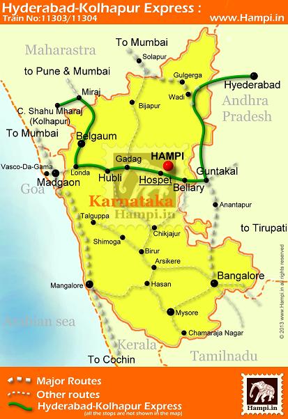 Hyderabad-Kolhapur Express (Train No:11303 / 11304) connects Hampi (Hospet) with Hyderabd